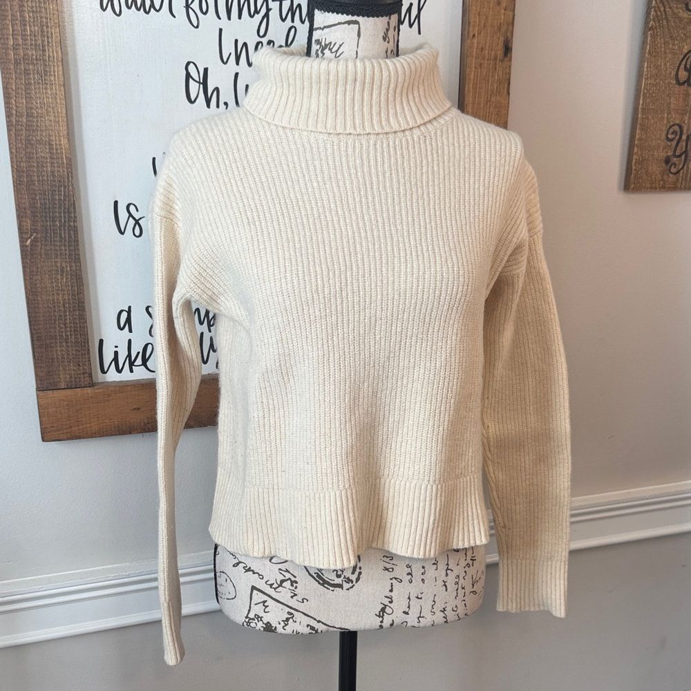 United By Blue Wide-ribbed Cream-colored Wool Blend Turtleneck Sweater